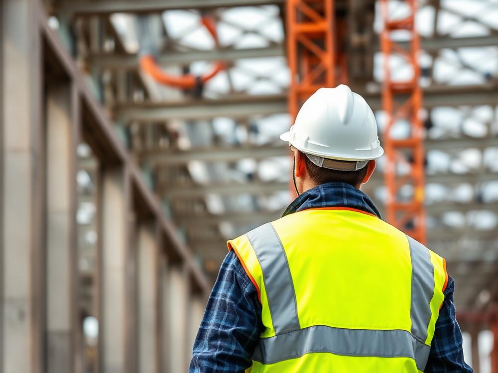 Site operative in high visibility clothing on a steel construction site
